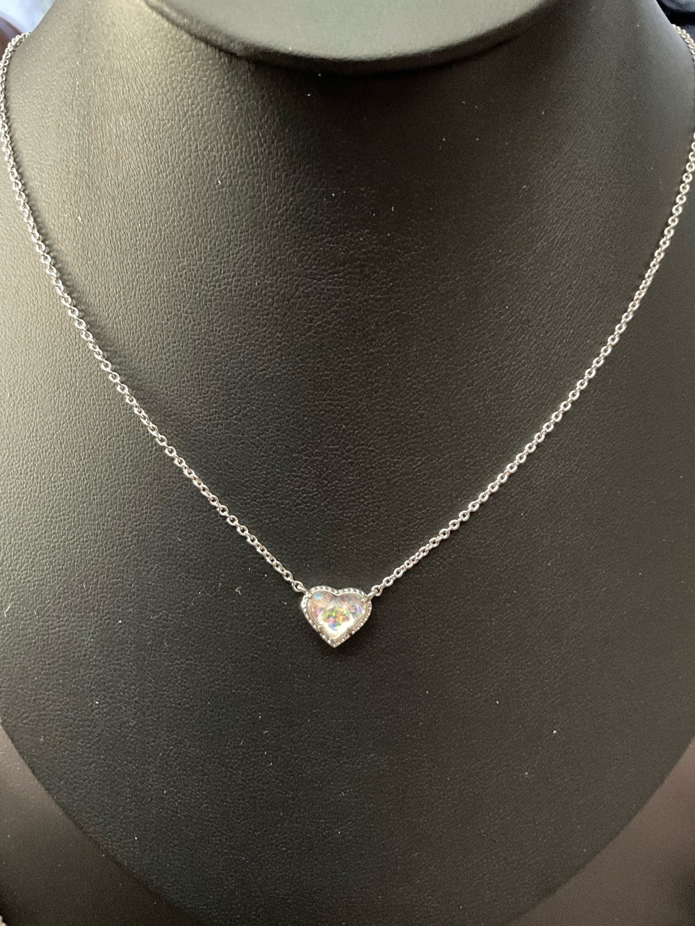 Kendra Scott Ari Heart Silver Necklace in Iridescent Glitter Glass 2451